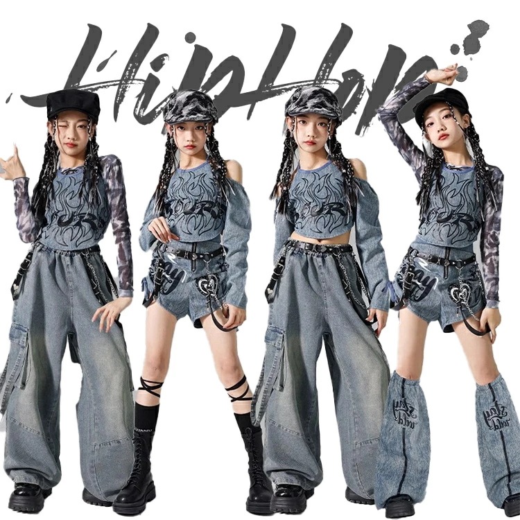 子供服 キッズ デニム キャミソール ダンス衣装 女の子 ガールズ 長袖 へそ出し 長ズボン デニムズボン 短パンツ ダンスウェア 発表会 応援団 イベント ジュニア カッコイイ 普段着 jazz