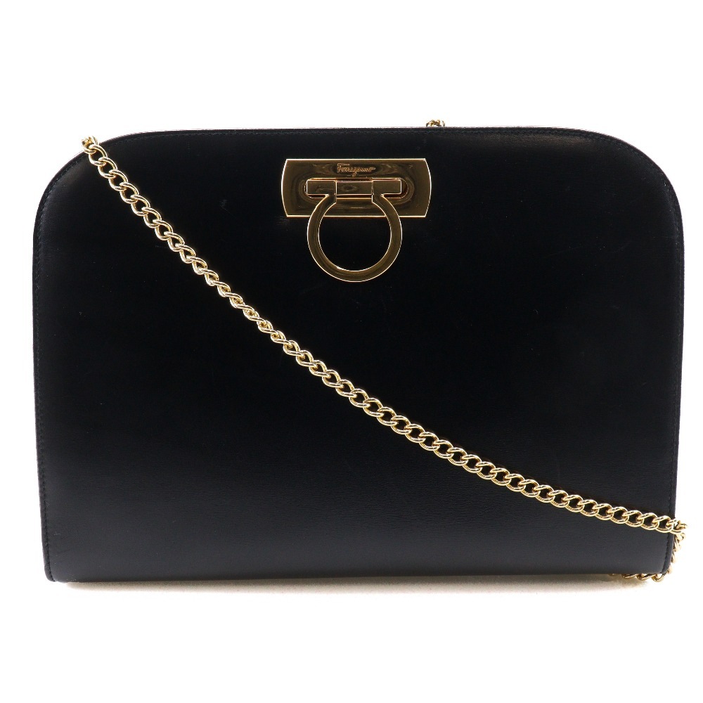 Salvatore Ferragamo サルヴァトーレフェラガモ チェーンショルダー ガンチーニ 2WAYクラッチ P21-0587 ショルダーバッグ カーフ 黒 レディース 中古品