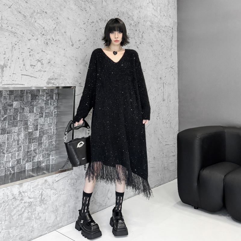 【Noir Mode】 ニット ロング Vネック ニットワンピース デザイン性 ブラックコーデ 大きいサイズ レディース 体型カバー レディース ワンピース 秋冬 セーターワンピース