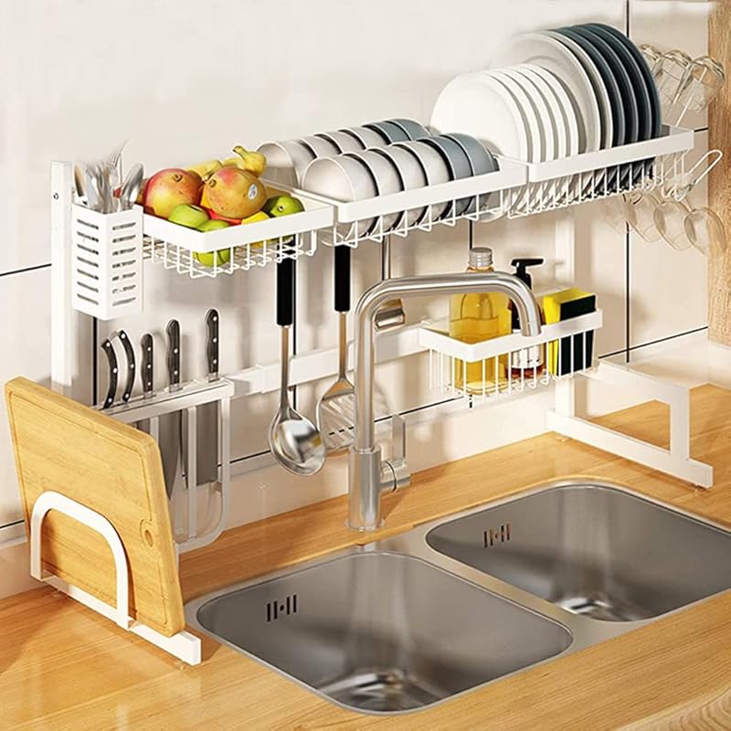 水切りラック シンク上 伸縮 白 食器 水切り つっぱり棚 シンク上のスペースを節約棚 台所用品ホルダ ステンレス キッチン 収納カウンター整理用 食器収納ボックス伸縮式 組み立て簡単 調理器具や用品