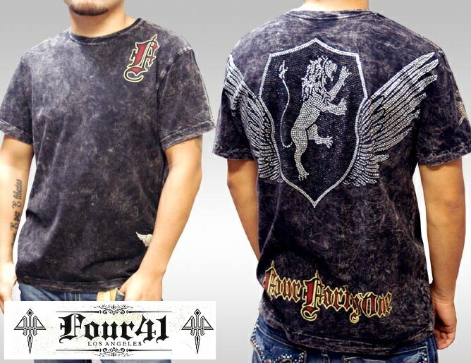 Four41 Los Angeles フォーフォーティーワン メンズ ラインストーン Tシャツ ビッグウィング ブラック k-113 スワロフスキー インポート セレブ ブランド ストリート LAセレ