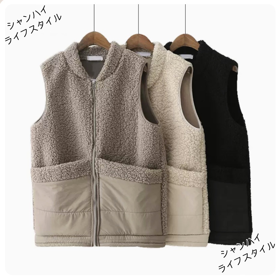 【選べる3色】レディース ボアベスト 袖無し 薄手 前開き もこもこ フリース入り ポケット付き ボアチョッキ Vネック 2022年秋冬新作 大きいサイズ XXXL