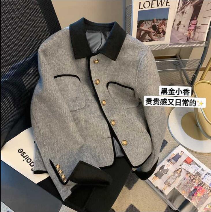 小香風クラッシュカラーの開襟ウールコート感太ったMM気質ショート丈トップス