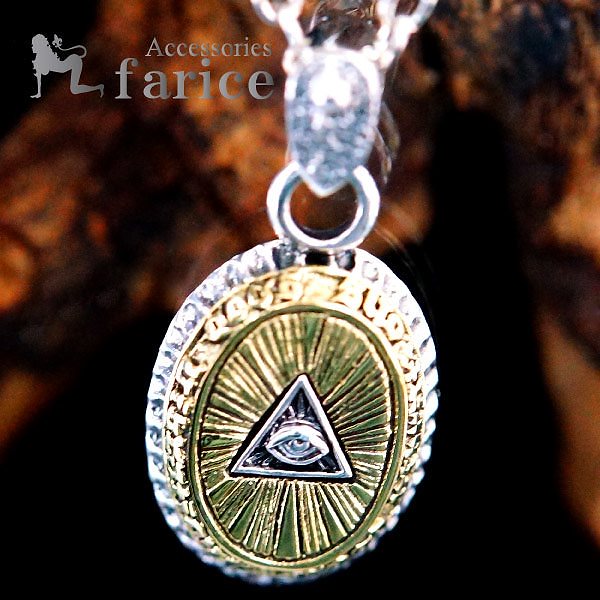 真実を見る目/秘密結社フリーメイソンピラミッドアイ シンボルマークデザイン 裏面ブラスゴールドスネーク(蛇)立体装飾 シルバー925 メンズ ペンダント ネックレス