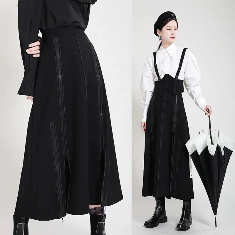 【J.Fashion】 ファスナー スリット ロングスカート ゴム ハイウエスト レディース Aライン 体型カバー スカート メガ割30%までに制限