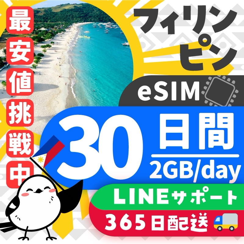 【フィリピンeSIM】簡単設定／使用日数：３０日間／データ容量：２GB（day）／有効期限90日／最短即日発行／パスポート番号不要／データ通信専用