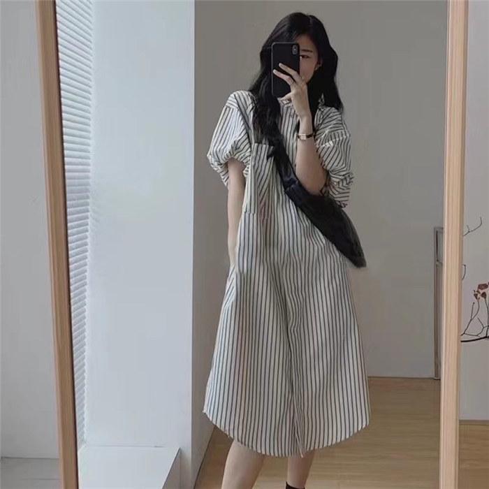 シャツワンピース ロング ワンピース ストライプ きれいめ 春 夏 半袖 大きいサイズ レディース ボリュームスリーブ ぽわん袖 羽織り ロングシャツワンピ