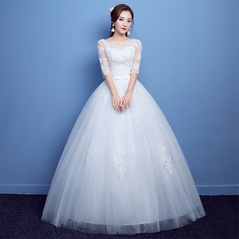 8037ウェディングドレス 白 大きいサイズ ホワイト レース袖プリンセス Aライン 結婚式二次会 発表会 披露宴 演奏会 小さいサイズ
