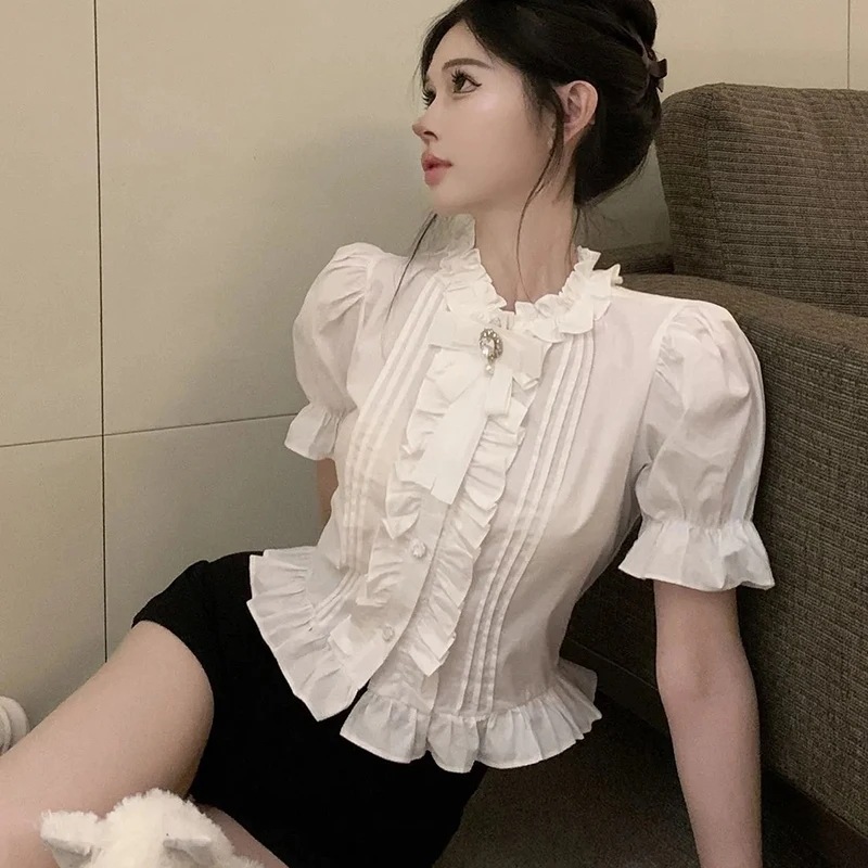 Gidyq-女性のためのフリル付きパフスリーブクロップトップオフィスの女性のための薄いヴィンテージブラウス柔らかくてかわいい白韓国シック夏新しい - 200000