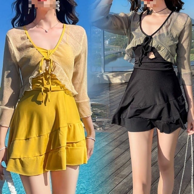 水着 スイムウェア レディース 羽織り ワンピース バンドゥ 二の腕カバー 長袖 レイヤード フリル 2点セット 3点セット 大人可愛い きれいめ セクシー シンプル カジュアル おしゃれ 主役級 w