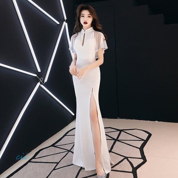 新作 宴会 ロングドレス スリット 白 二次会 40代 着痩せ イブニングドレス ホワイト セクシー マーメイドドレス パーティードレス お呼ばれ 30代
