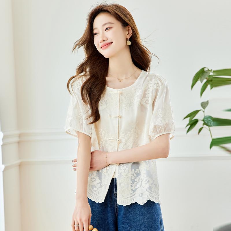 レディース トップス ファッション 上品 オフィス カジュアル 婦人服 おしゃれ アプリコット 半袖 シフォン シャツ 夏 小さめ 体型カバー Pu シャツ