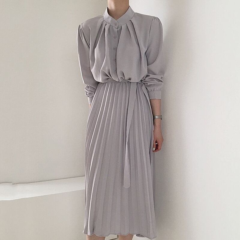 【送料無料】レディース スタンドカラー プリーツワンピース ミモレ丈 ミドル丈 長袖 3カラー