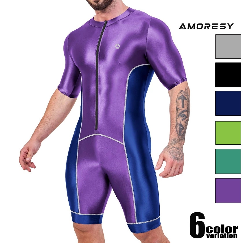 AMORESY/アモレシー Gladius Sports Unitard Suit スポーツウェア ストレッチ生地 シングレット 男性下着　メンズ　上下一体型 光沢 半袖 半ズボン