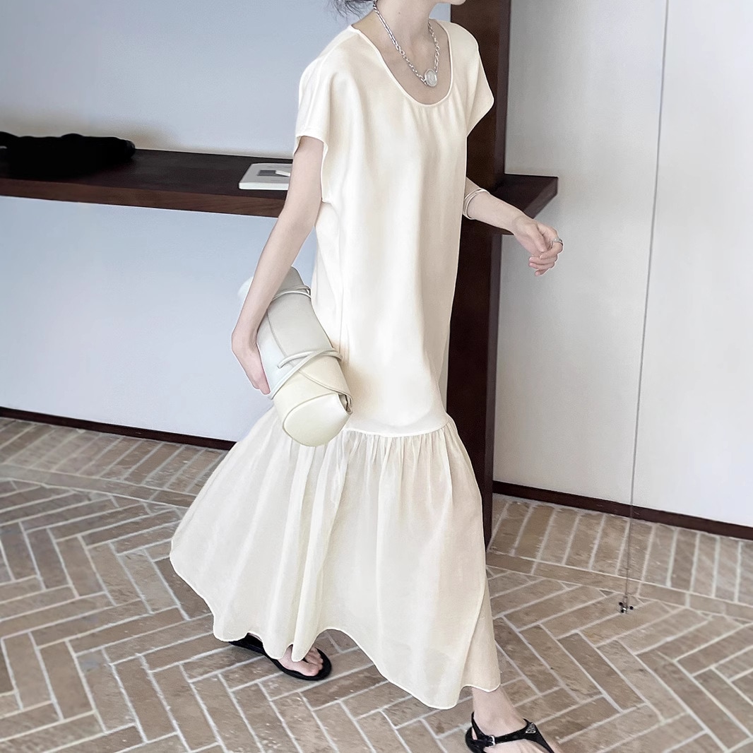 ワンピースフランスのオートクチュールドレス メッシュスプライシングUネックスリムロングワンピース