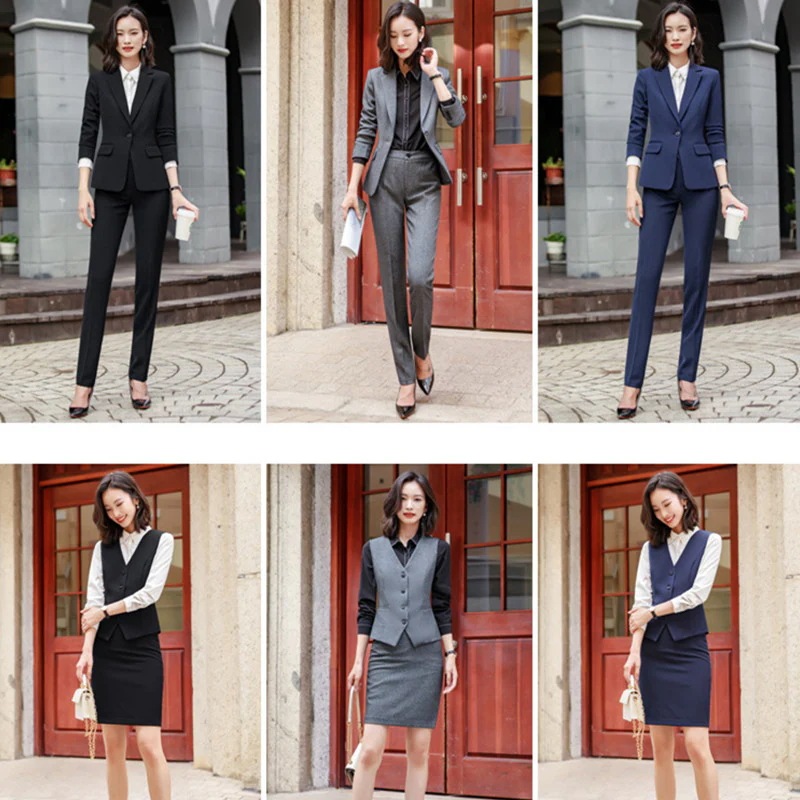 【急速出荷】3色S-4XL大きいサイズ春秋冬新金大人レディーキャリアウーマンけいたいシングルバックル正装キャリアウーマン成人ファッション気質エレガント修身OL職業服5点セットスーツズボンシャツベストX 4,836円