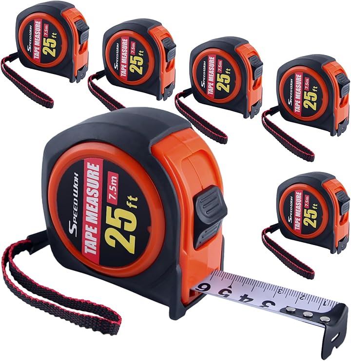 6本セット マグジャケット 7.5m メジャー 自動ロック式巻尺 テープメジャー セルフロッキングテープメジャー ベルトホルダー付き 自動巻き取り(オレンジ ＆ ブラック, 7.5m)