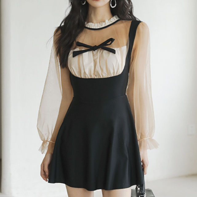 ワンピース水着 ボリューム袖 シースルー