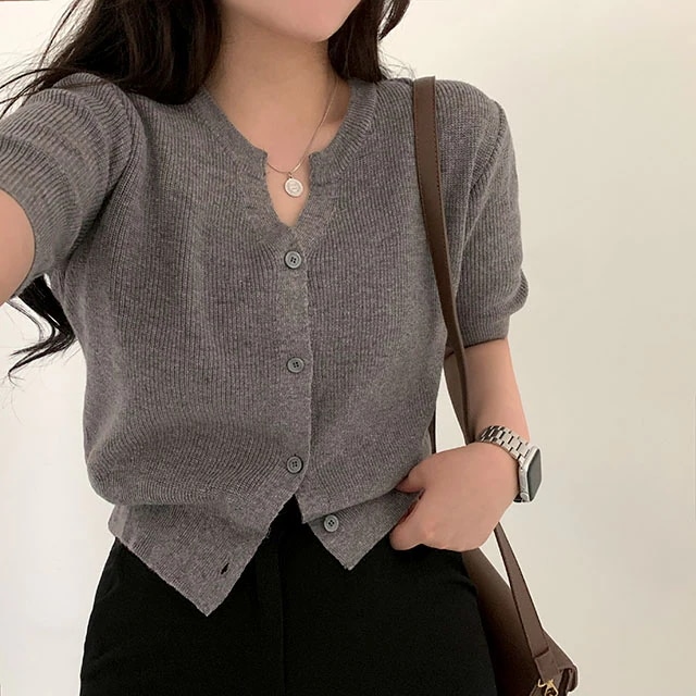 韓国の女性ファッション / スリットネック半袖ニットカーディガン cd1038