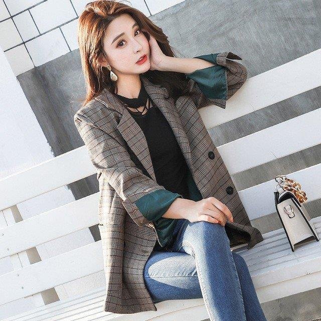 スーツジャケットレディース秋ピーコート40ビジネススーツテーラードジャケットチェック柄韓国風ミドル丈テー通勤アウター作オフィス