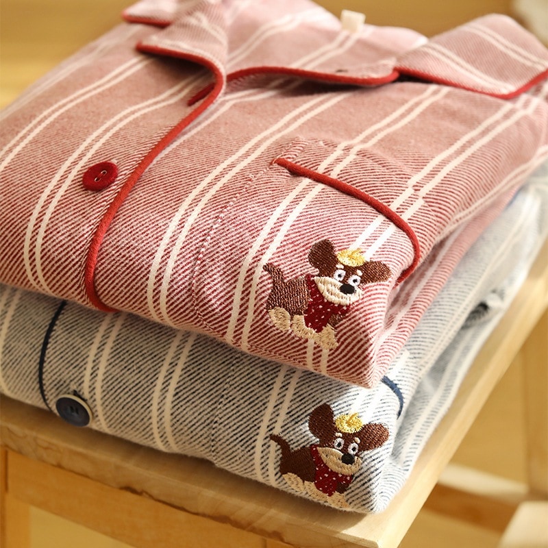 秋の新入荷：100%コットン ストライプ柄 長袖パンツ 刺繍入り パジャマ＆ルームウェアセット（和風）