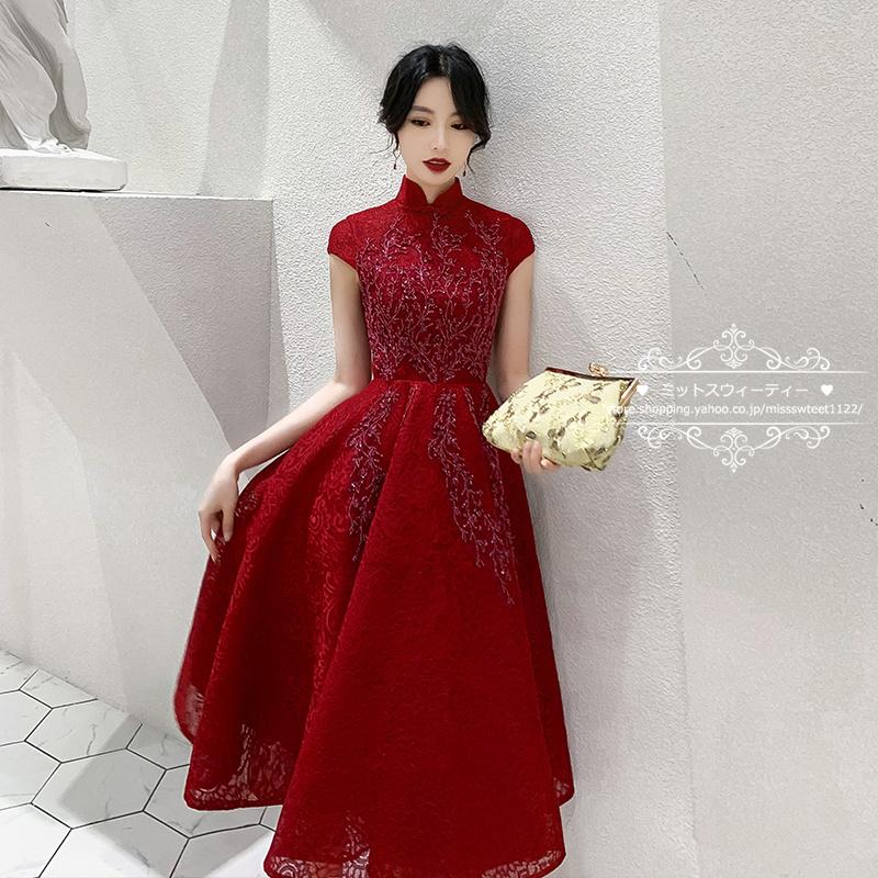 カラードレス ファスナー パーティードレス フォーマルドレス ミディアムドレス チャイナ風ワンピース 半袖 ハイネック 結婚式 発表会 演奏会 赤 ワインレッド