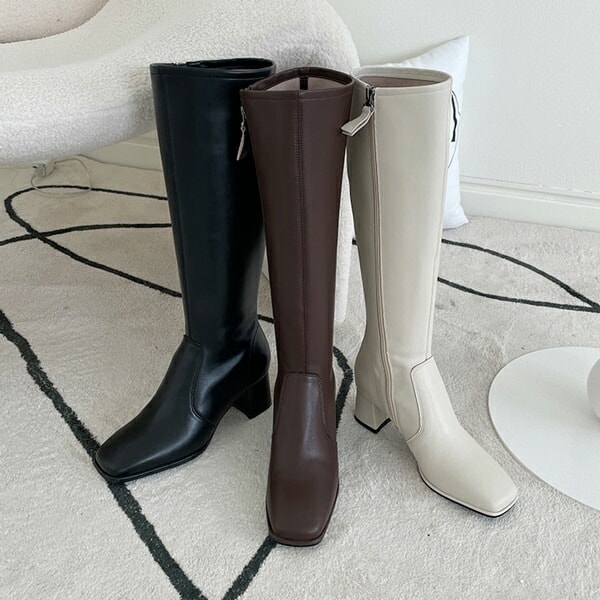 ロングブーツ 牛革 スクエアトゥ サイドジップ レディース ミドルヒール チャンキーヒール 太ヒール 黒 茶色 ブラック ブラウン アイボリー 靴 婦人靴 韓国
