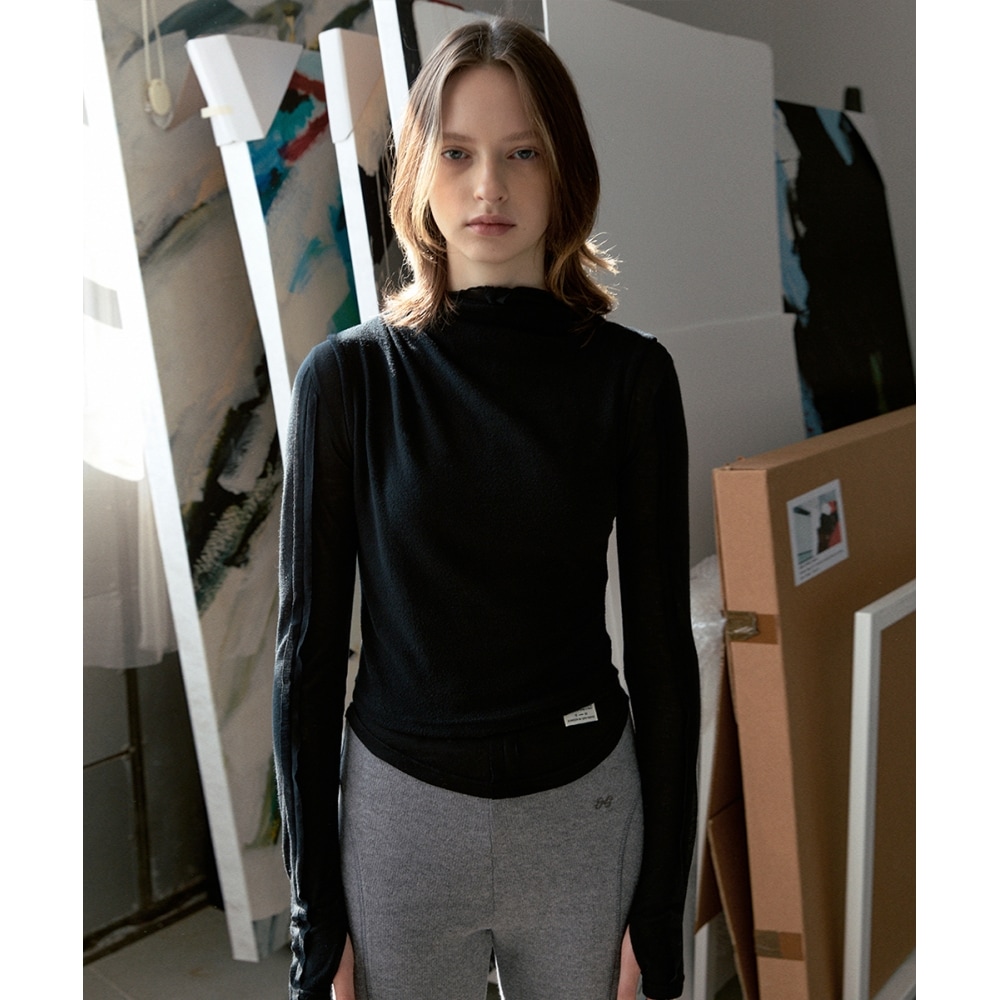 SINOON ハーフネックシャーリングディテールトップスセットアップ (ブラック)