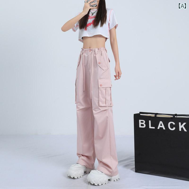 カーゴパンツ レディース カジュアル ハイウエスト ワイドパンツ ストレート 秋冬 韓国 薄手 ポケット ピンク ブラック