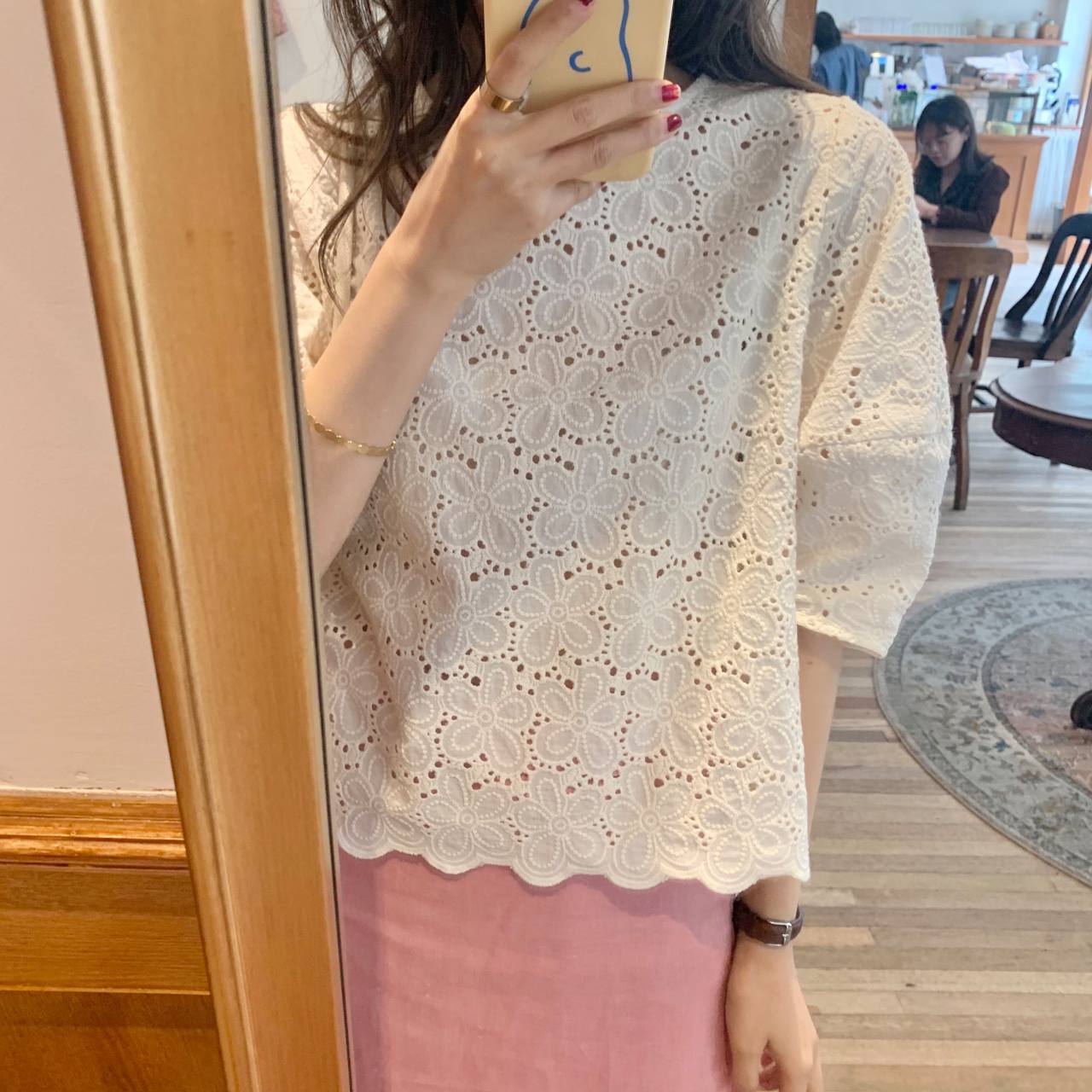トップス Tシャツ シャツ ブラウス カットソー 白シャツ 白トップス 袖あり 半袖 5分袖 五分袖 パフスリーブ ラウンドネック ワイド レース 透け感 かわいい 大人可愛い きれいめ