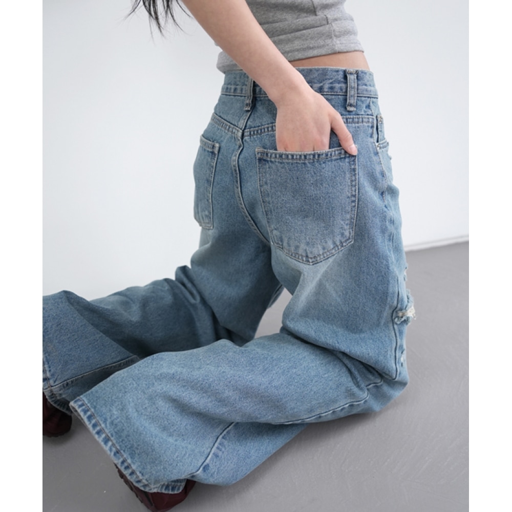 Manique【送料無料】クローディンダメージワイドデニムパンツ