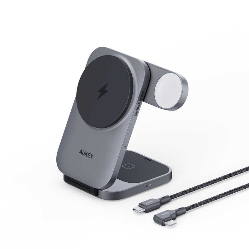 AUKEY　ワイヤレス充電器 MagSafe対応 Qi2 MagFusion Z 3-in-1 折りたたみ式 15W グレー (オーキー) Gray　LC-MC312-GY