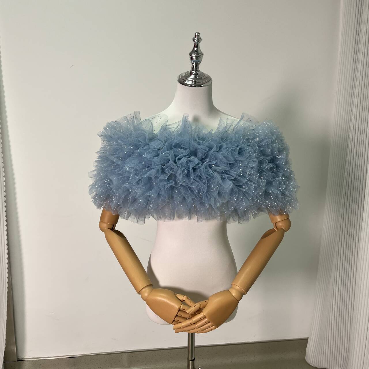 可愛い 薄青 オフショルダー キラキラチュール 編み上げ 前撮り