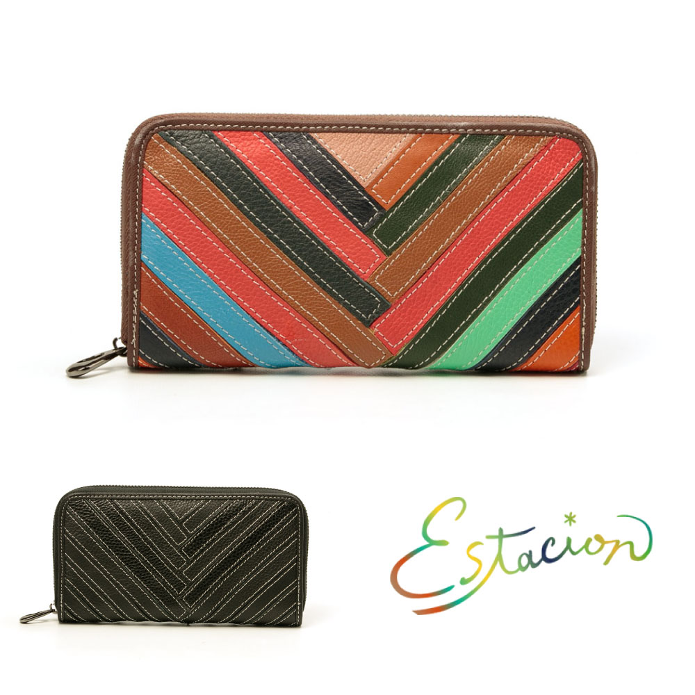 エスタシオン 長財布 本革 レザー レディース 1035 Vカット おしゃれ ラウンドファスナー 財布 ウォレット サイフ ブラック マルチ Estacion