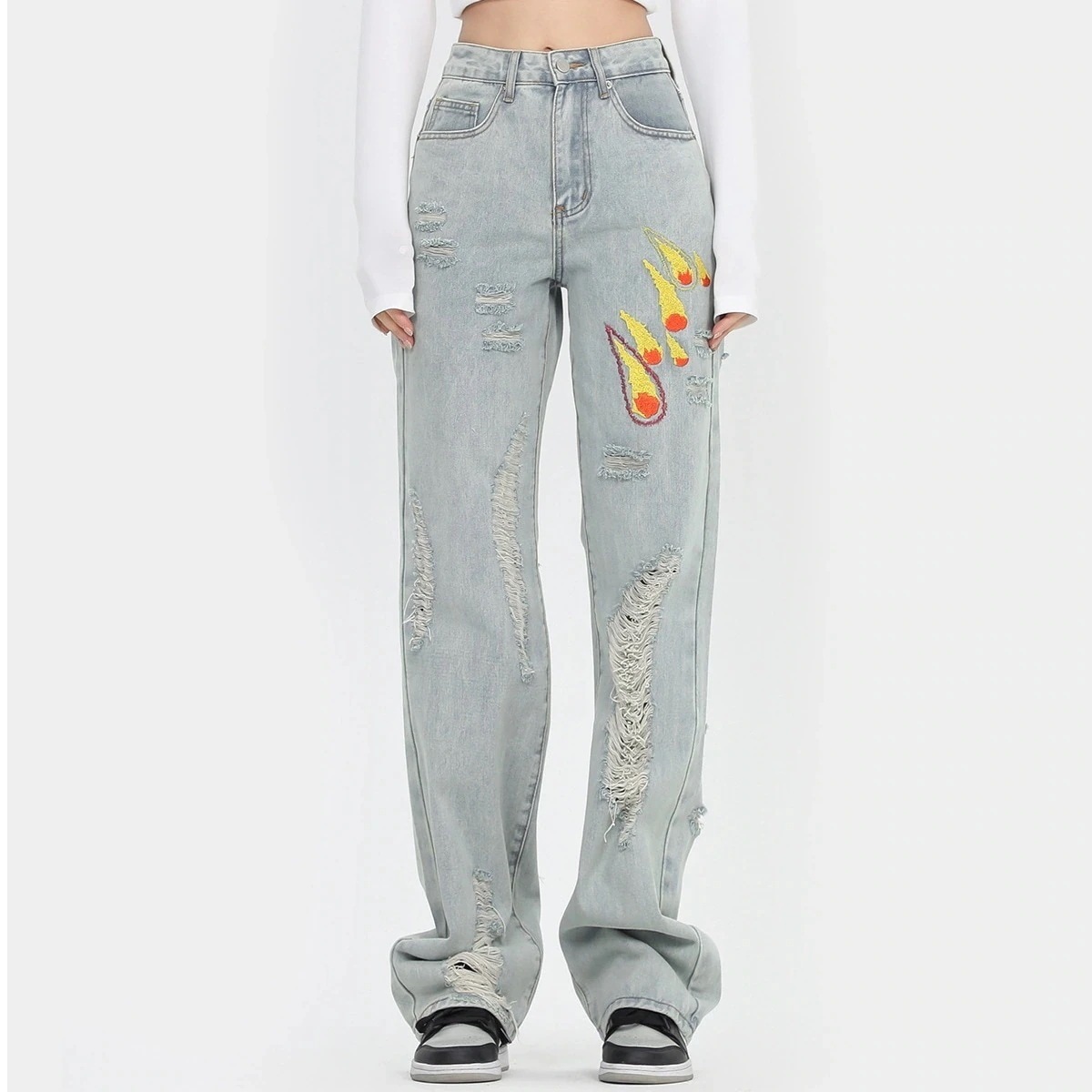 新型ファッションブランドスラックスパンツ ジーンズレディース アメリカ火の玉刺繍ダメージジーンズ