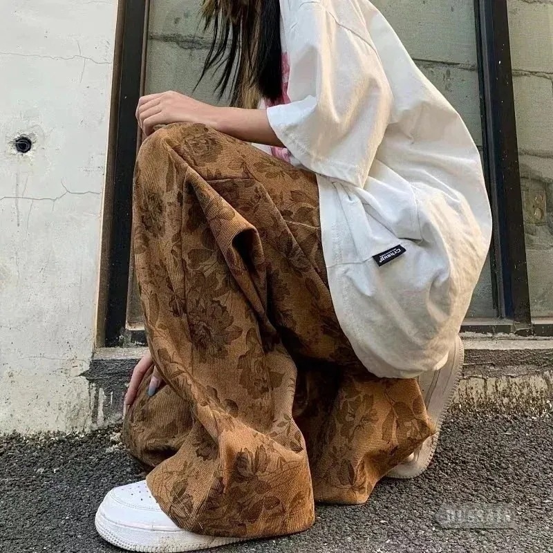値引きワイドパンツ 涼しげ アーバンモードな 柄パンツ ルーズシルエット ワイドパンツ コーデュロイ 総柄 ボタニカル プリント イージー 花柄 3XL展開 カジュアル ストリー1