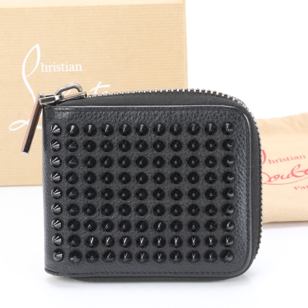 美品 パネトーネ スクエア ウォレット スパイクスタッズ レザー 二つ折り 財布 長財布 二つ折り ウォレット ラウンドファスナー 本革 ブラック 黒 ブランド メンズ MMM BI10-9 中古