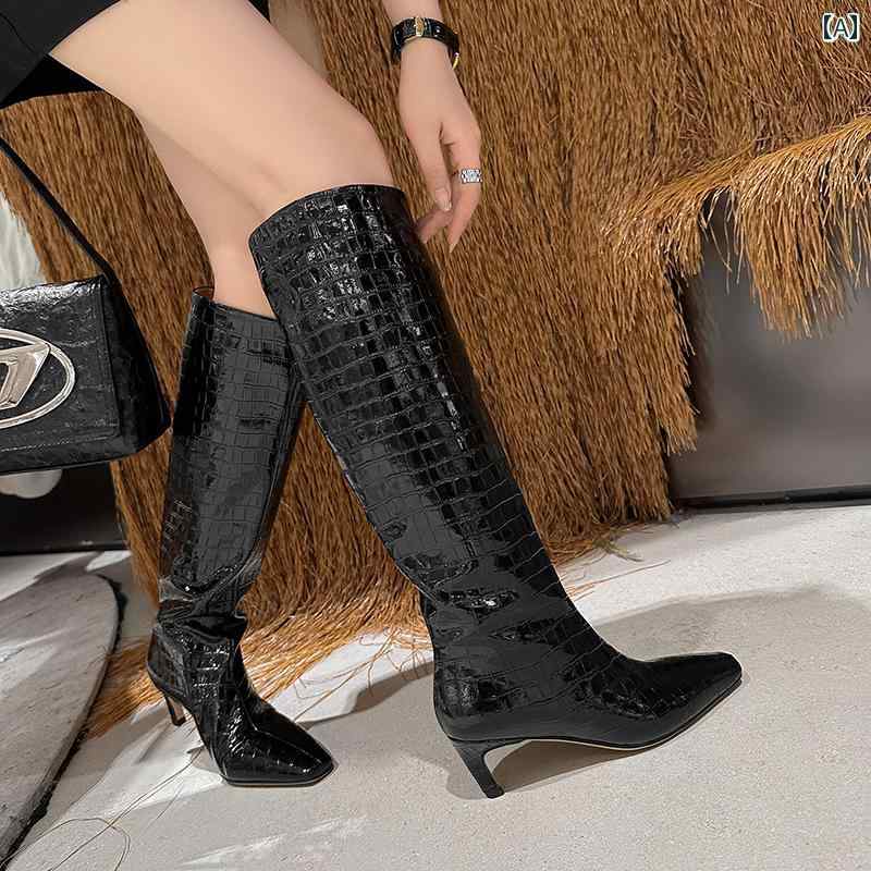 ロングブーツ レディース タイトフィット シンプル おしゃれ スタイルアップ アメリカ 女性 ストレート ブーツ 革 ワイド ブーツ レトロ 細いヒール ブラウン 尖った ロング ナイト ブーツ