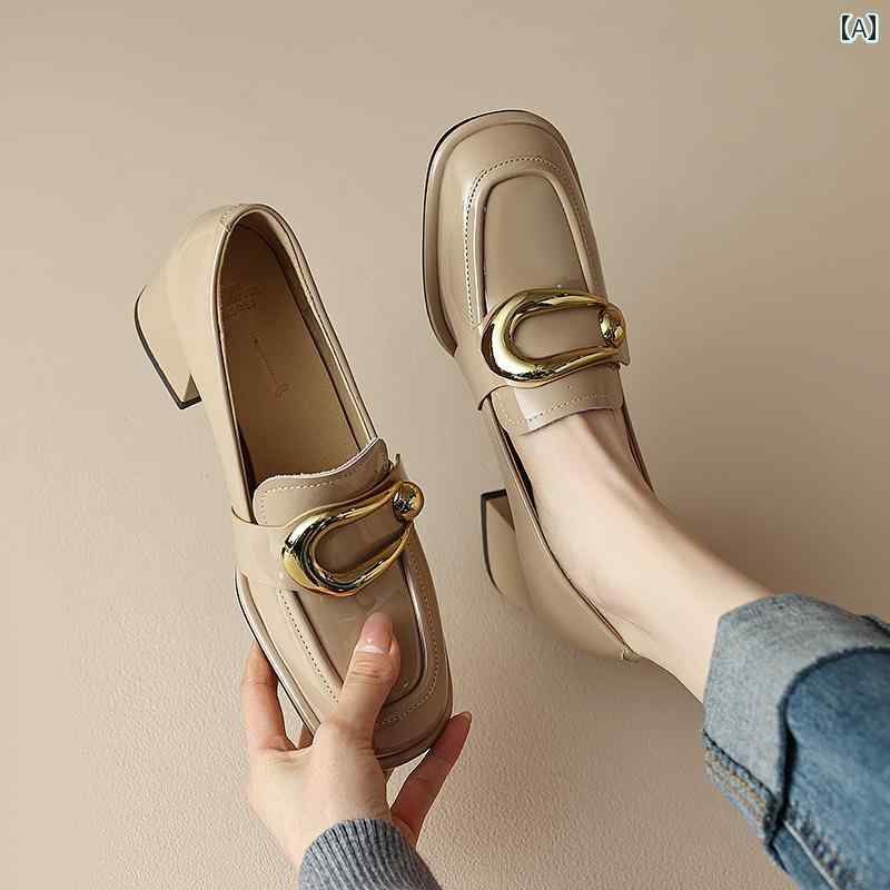 ローファー レディース オフィス 通勤 仕事 春秋 スクエアトゥ 女性 英国 小さい 革靴 太い ヒール ハイヒール 深口 シングル シューズ 女性 10,642円