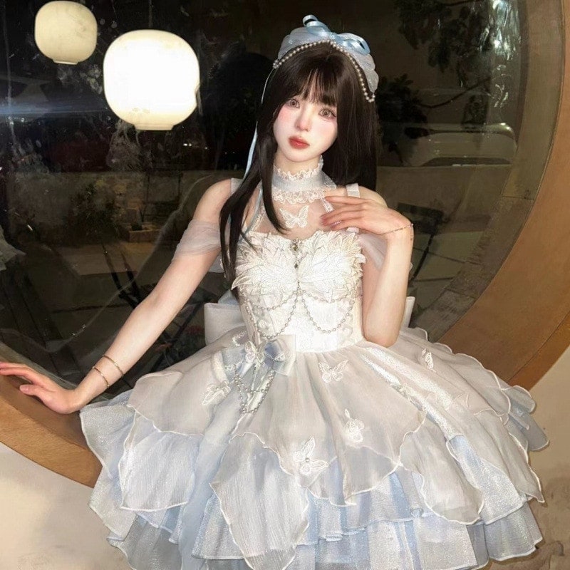 【3日出荷】韓国風 ウエスト強調ロリータ礼服 シルエットバタフライ ふわふわスカートセット