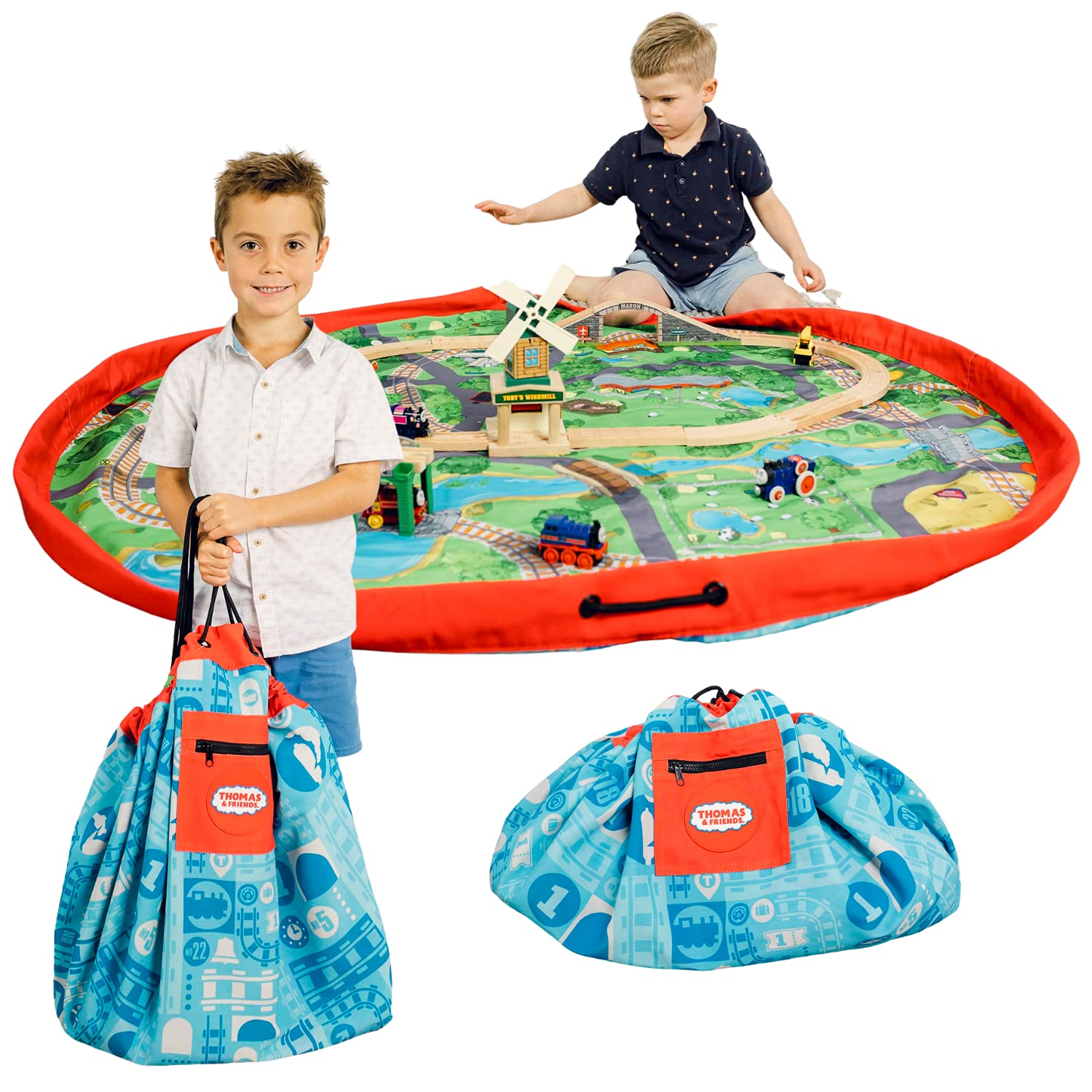 THOMAS & FRIENDS プレイポーチ 究極のオールインワンプレイマット & おもちゃ収納バッグ 巨大な55インチのソドープレイスペースの内島 便利 散らからない ポータブルプレイタイムストレ