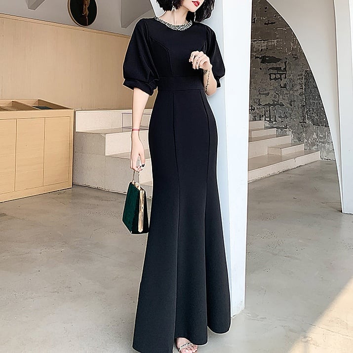 ドレス レディース パーティードレス フォーマルドレス l マーメイドライン 細身 スリム 袖あり 半袖 Uネック シンプル シック モダン フェミニン ビジュー ランタンスリーブ 上品 エレガ