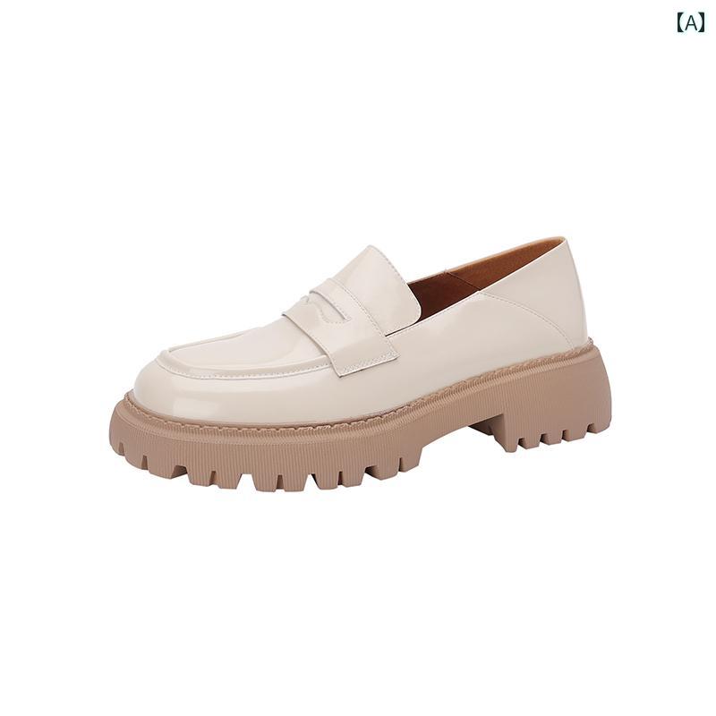 ローファー レディース 通学 通勤 学生 カレッジ 仕事 オフィス 女性 2つ 小さい 革靴 英国 厚底 ラウンドトゥ パテントレザー スリッポン 太い ヒール