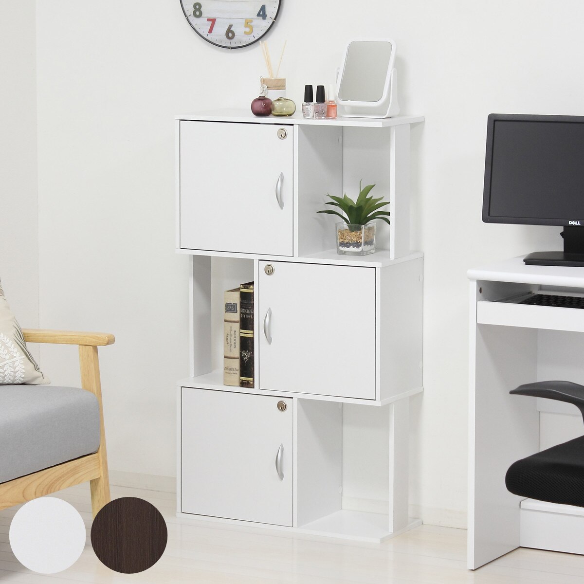 収納ラック 3段 鍵付き扉 ジグザグデザイン 幅59cm ジグザグラック Ｓ字ラック ディスプレイラック 本棚 飾り棚 A4 収納 リビング収納 収納家具 鍵付き ロッカー S字 ホワイト