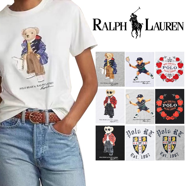 本物保証 ラルフ レディース コットン ポロベアー & 限定プリント 半袖 Tシャツ 3 カラー（ブラック / ヘザーグレー / ホワイト） 5 スタイル（ポロベアー& 限定プリント）