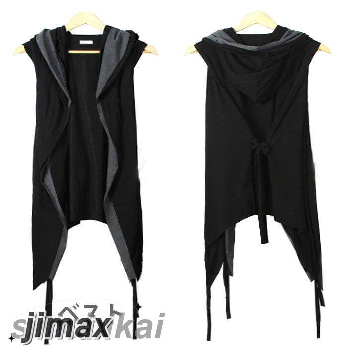 ベスト メンズ ジレ ノースリーブ カーディガン フード付き 切り替え 紐付き フェイクレイヤード お洒落 カジュアル 肩掛け 冷房対策 重ね着 レイヤード トップス 春夏秋 春新作