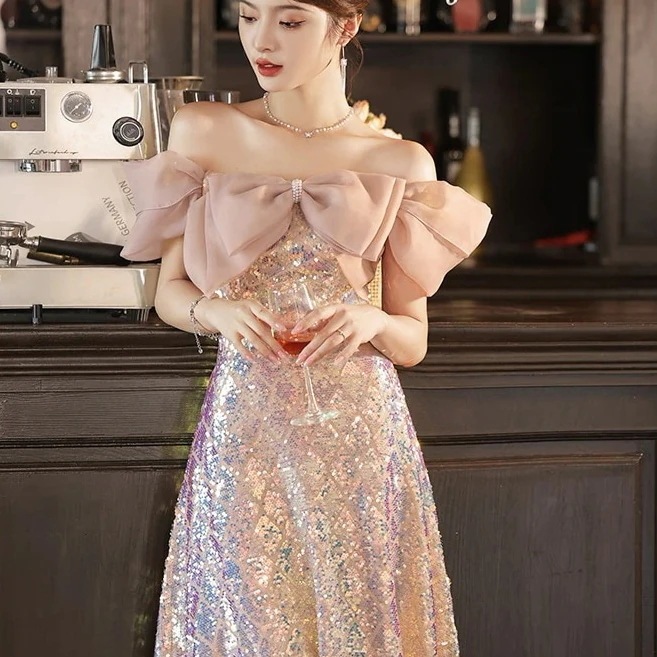 パーティードレスボディコンワンピ　イブニングドレス レディース 宴会 上級感覚 学生 ピンク スパンコール 成人式 ワンショルダー イブニングドレス