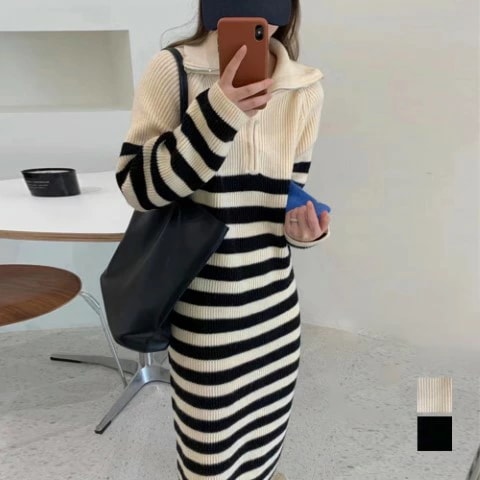 ニットワンピース ポロネック ボーダー柄 ハーフジップワンピ ポロカラー 大きいサイズ レディース 秋冬 結婚式 きれいめ タイト フォーマル 大人 上品 チュニック one-piece
