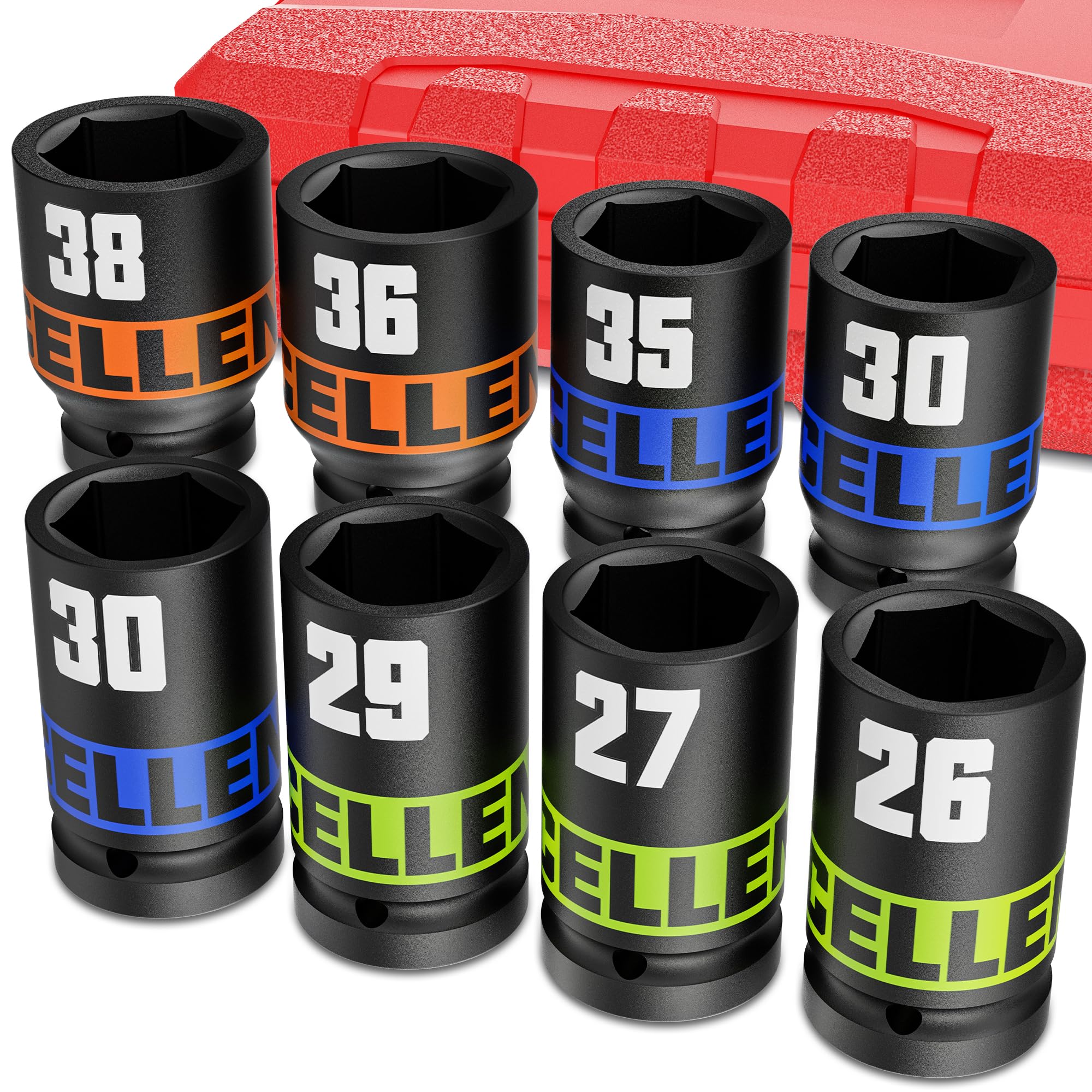 Arwealxs 8本 ディープソケット 19mm 3/4 インパクトソケットセット 26mm-38mm 六角ソケットセット トアダプター付き 自動車整備 から日曜大工