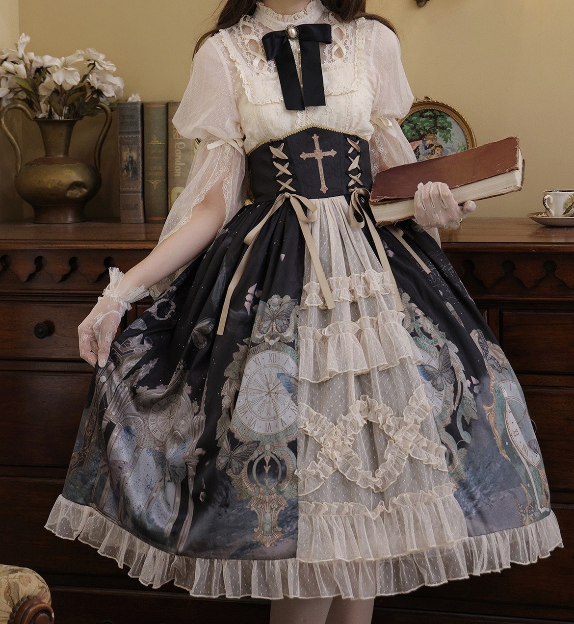 正規品デザインクロック蝶ハーフスカートシャツフレンチロリータ洋服
